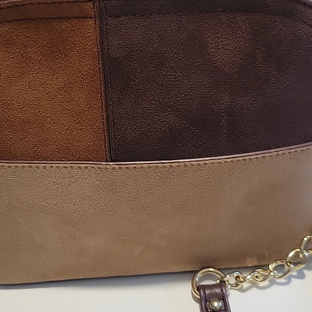 Brown and Tan Patchwork Crossbody Bag With Chain Detail Strap